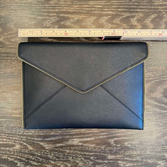 Rebecca Minkoff Leo Envelope Zip Clutch Bag Black Safiano Faux Leather Gold Trim - Picture 12 of 13